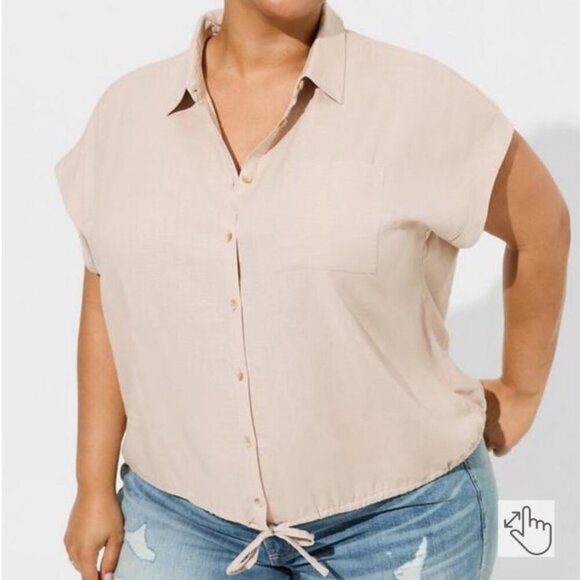 Torrid Size 3xl Linen Blend Button Font Short Sleeve Top Beige - Picture 1 of 7